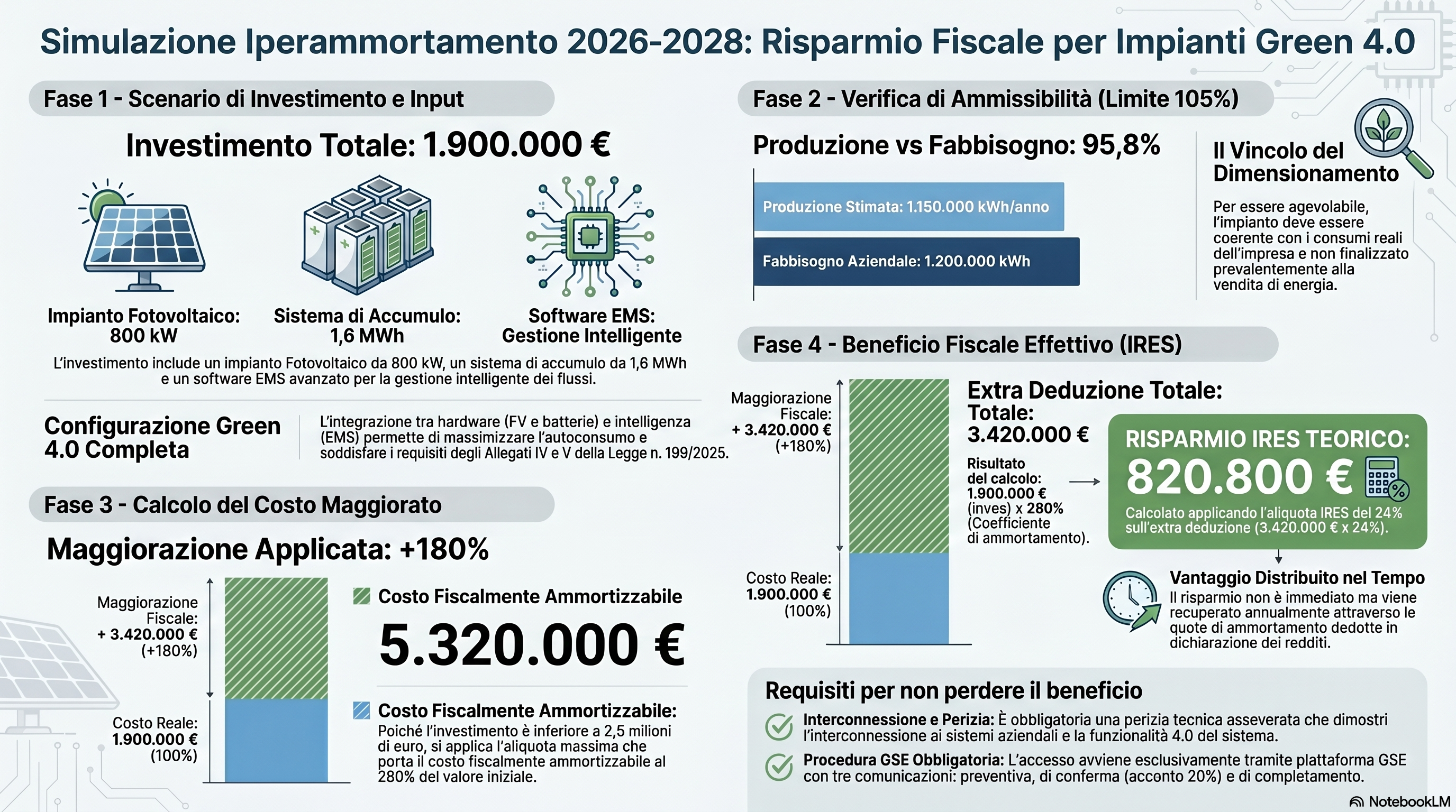 Simulazione iperammortamento 2026-2028 per impianto green 4.0 con fotovoltaico, accumulo ed EMS