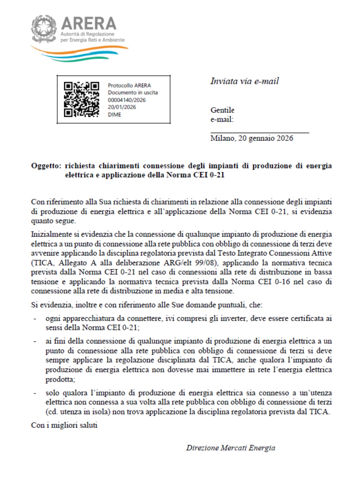 Parere ARERA del 20 gennaio 2026 sull'applicazione della CEI 0-21 agli impianti connessi alla rete pubblica